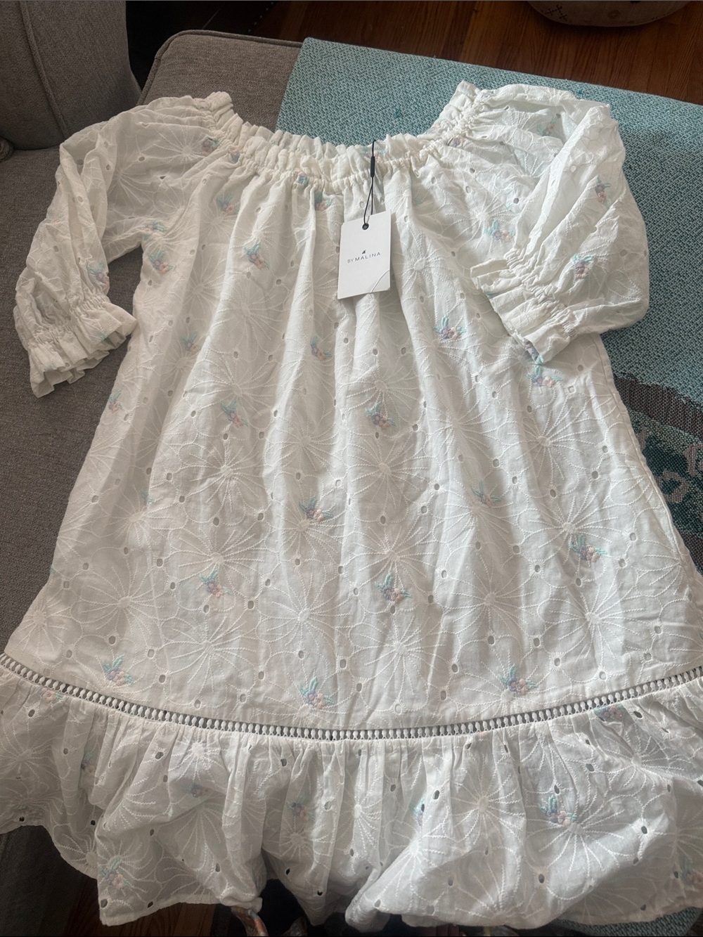 By Malina Cathalina White Embroidered with Flowers/Eyelet Dress Size Medium NWT